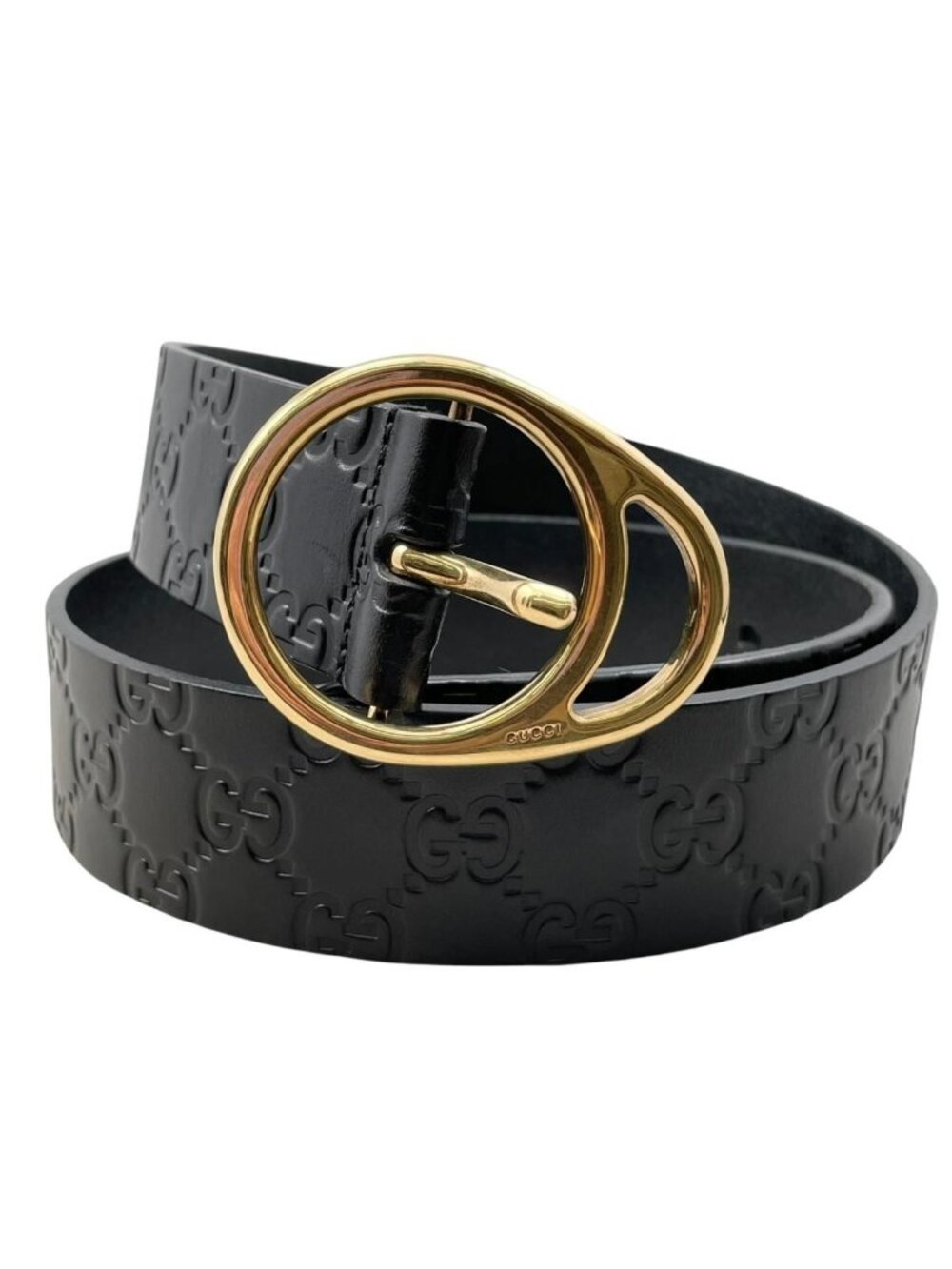 Gucci Belt Oval GG Buckle Leather Black Guccissima Logo Gold